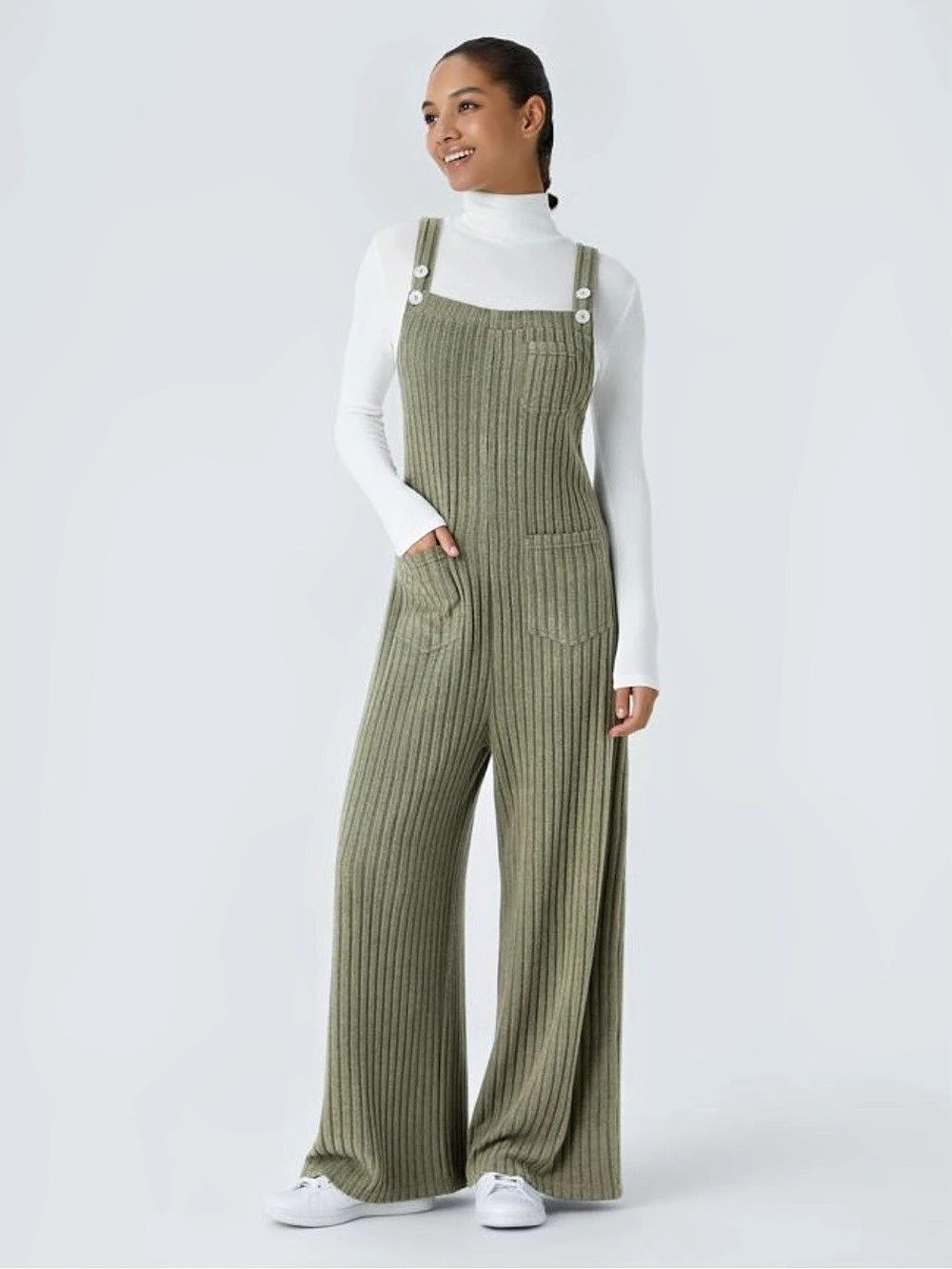 Halara Ribbed Knit Casual Overalls with Pockets Green